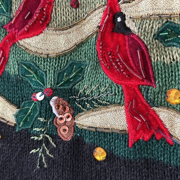 Beads Sequins Embroidery Cardinals Xmas Tree Ramie Cotton Sweater Tiara Int'l Lg - Picture 2 of 14